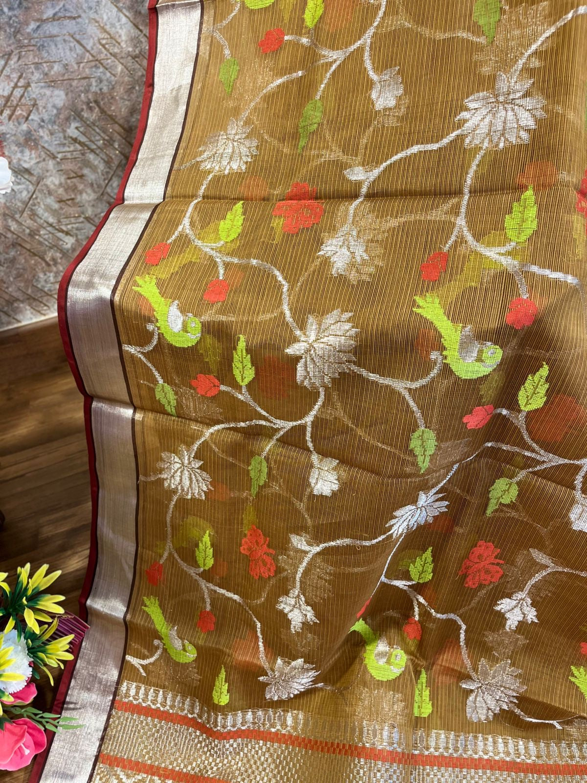 Designer All Over Jaal Pure Zari Kota Saree with Contrast Blouse