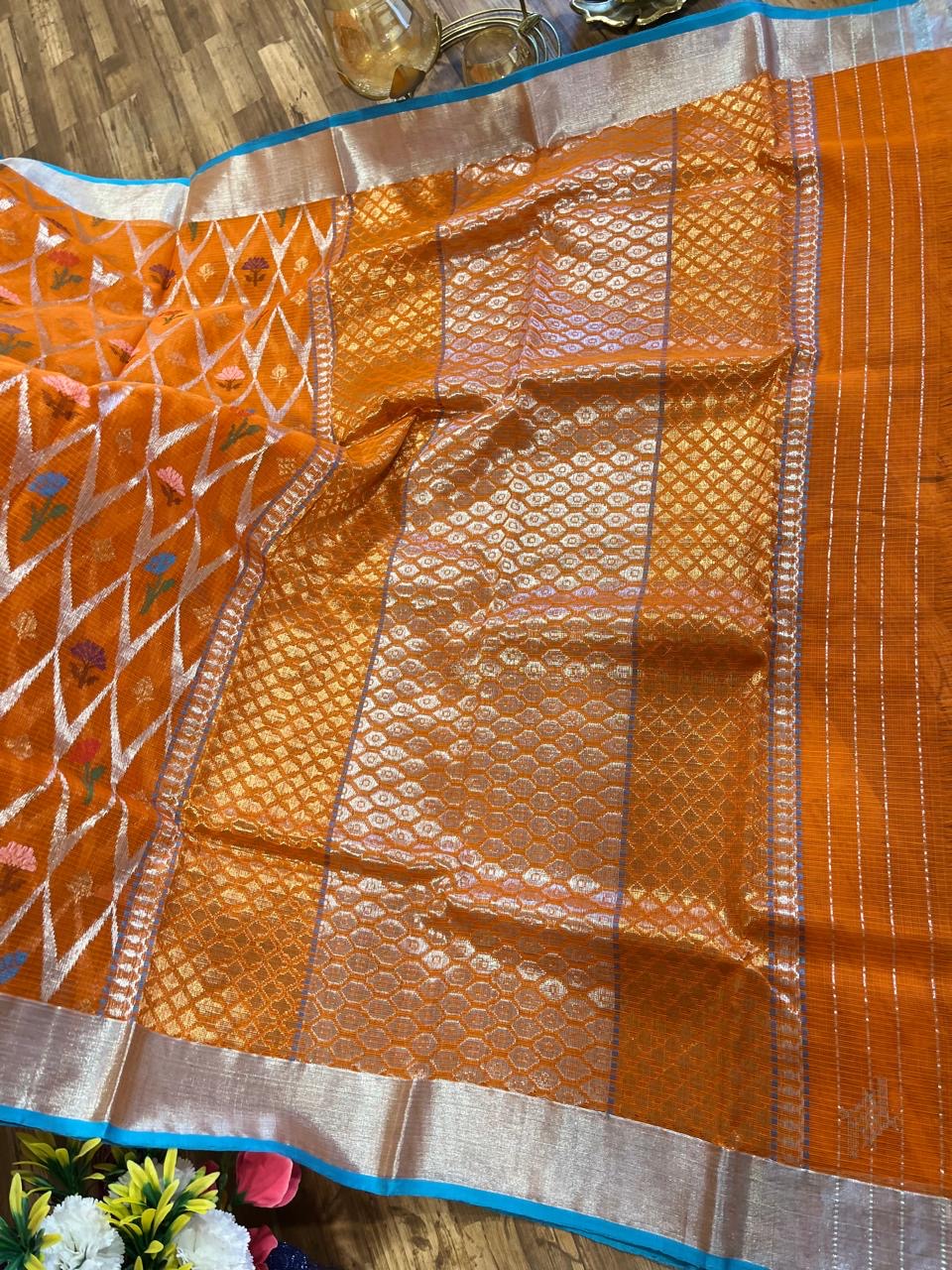 Designer All Over Jaal Pure Zari Kota Saree with Contrast Blouse