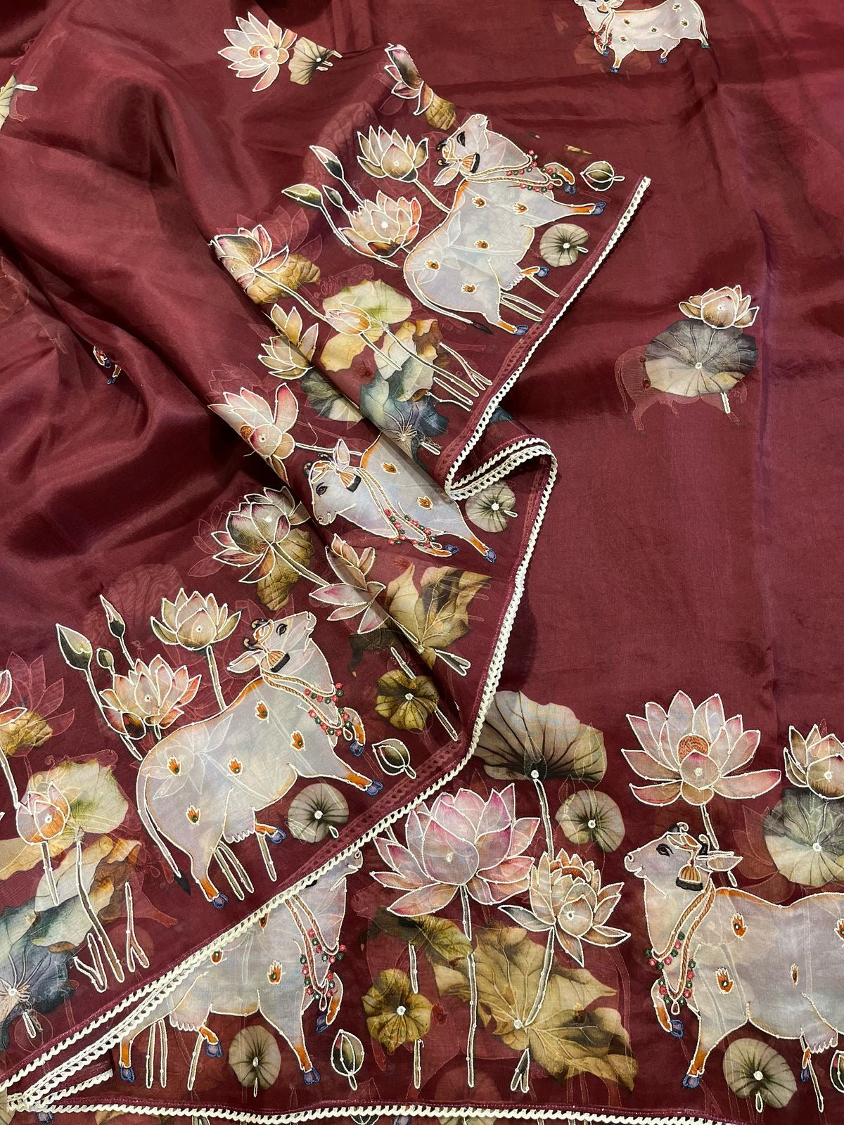 Maroon Designer Floral Print Pure Organza