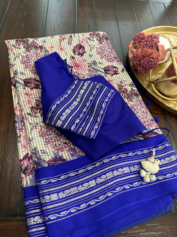 White and Blue Soft Drape Gadwal Pattu