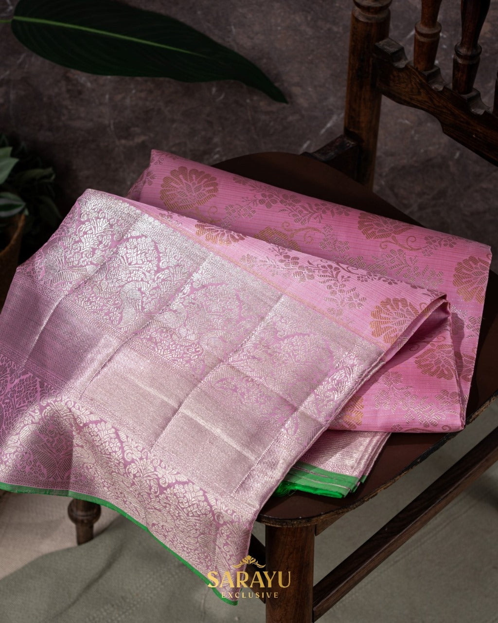 Rose Pink and Green Pure Kanchi Soft Brocade Silk