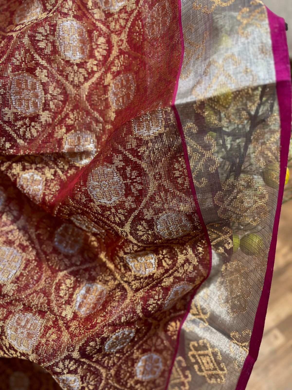 Brick and Royal Blue Pure Zari kota Jamawar