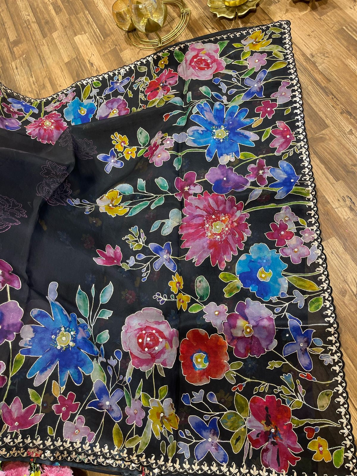 Black Designer Floral Print Organza