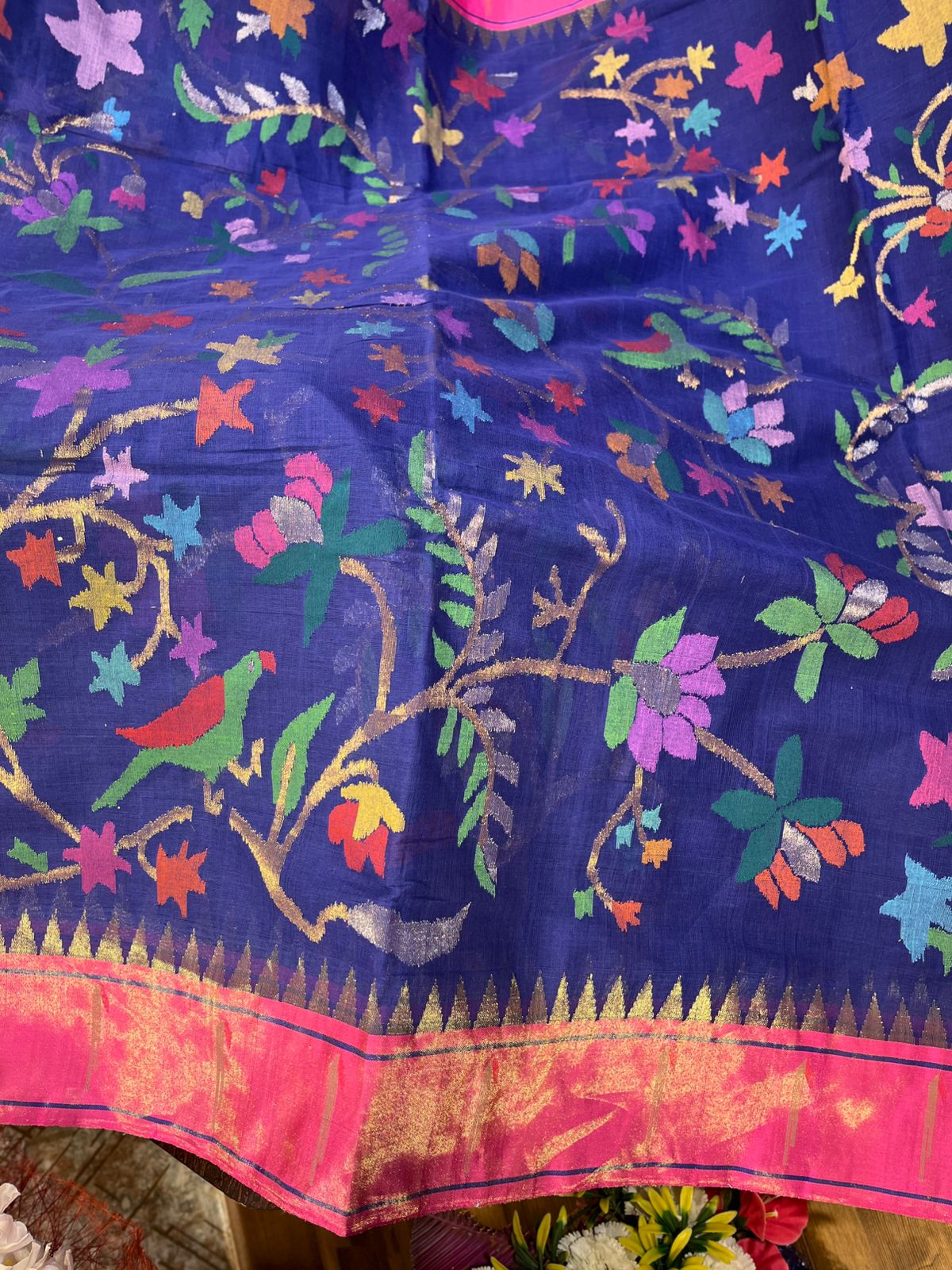 Blue and Pink Tissue Paithani Border