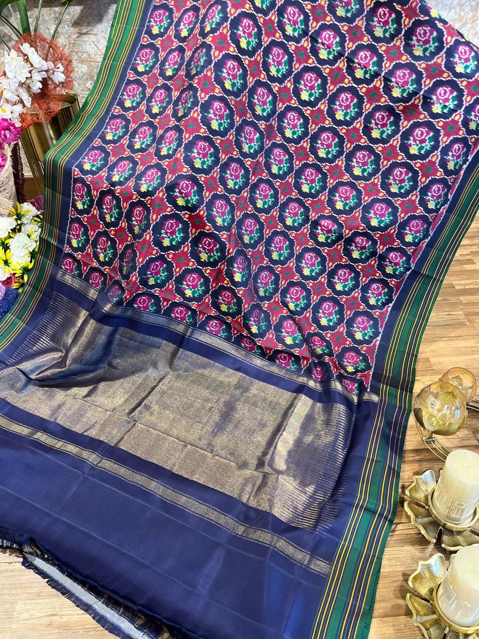 Navy Blue and Green Twill ikkat