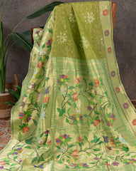 Light Parrot Green Cotton Jamdhani with Paithani Exclusive Masterpiece Fusion  Saree