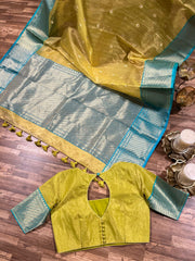 Lime Green and Sea Blue Chanderi Pure Silk