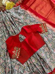 Grey and Red Twill Ikkat With Gota Work Saree