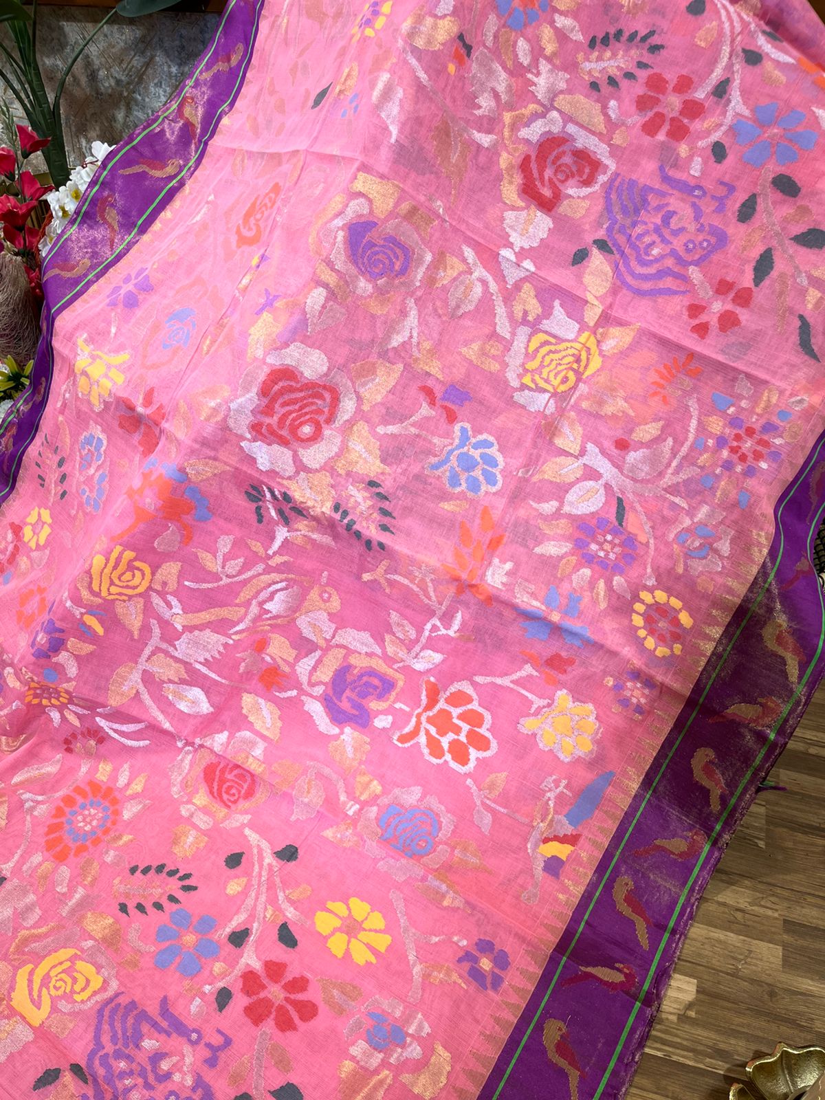 Pink and Purple Tissue Paithani Border