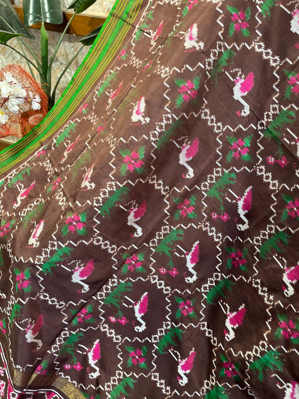 Brown and green Twill ikkat