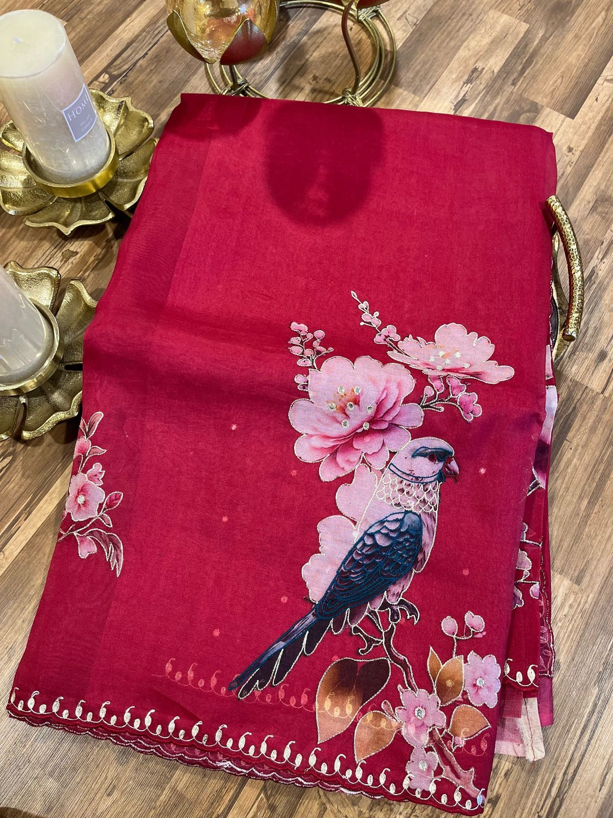 Red Designer Floral Print Organza