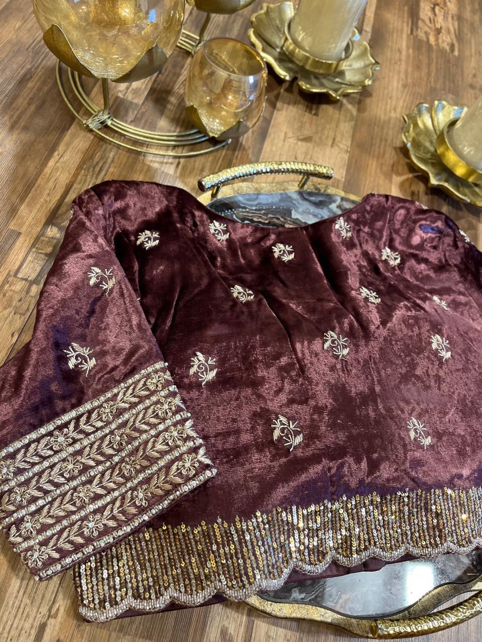 Chocolate Brown Velvet Handworked Blouse