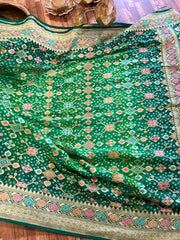 Double Shaded Green Banarasi Meenaweave Bandhini Georgette Saree