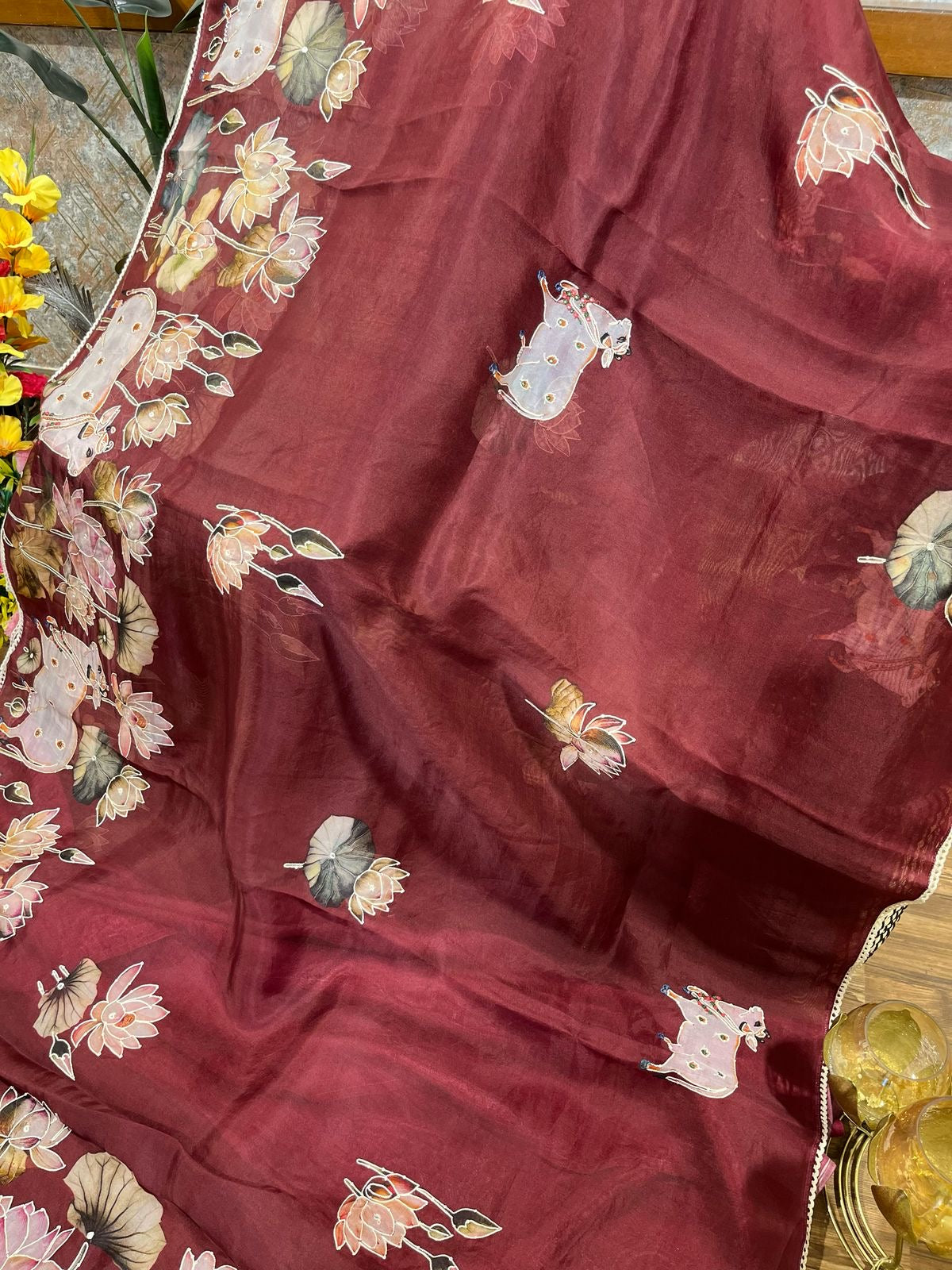 Maroon Designer Floral Print Pure Organza