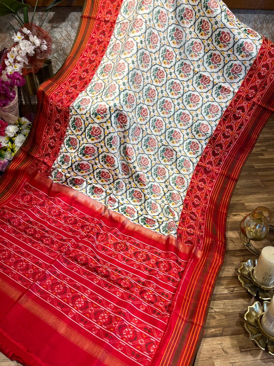 Beige and Red Twill ikkat