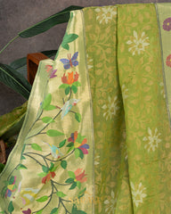 Light Parrot Green Cotton Jamdhani with Paithani Exclusive Masterpiece Fusion  Saree