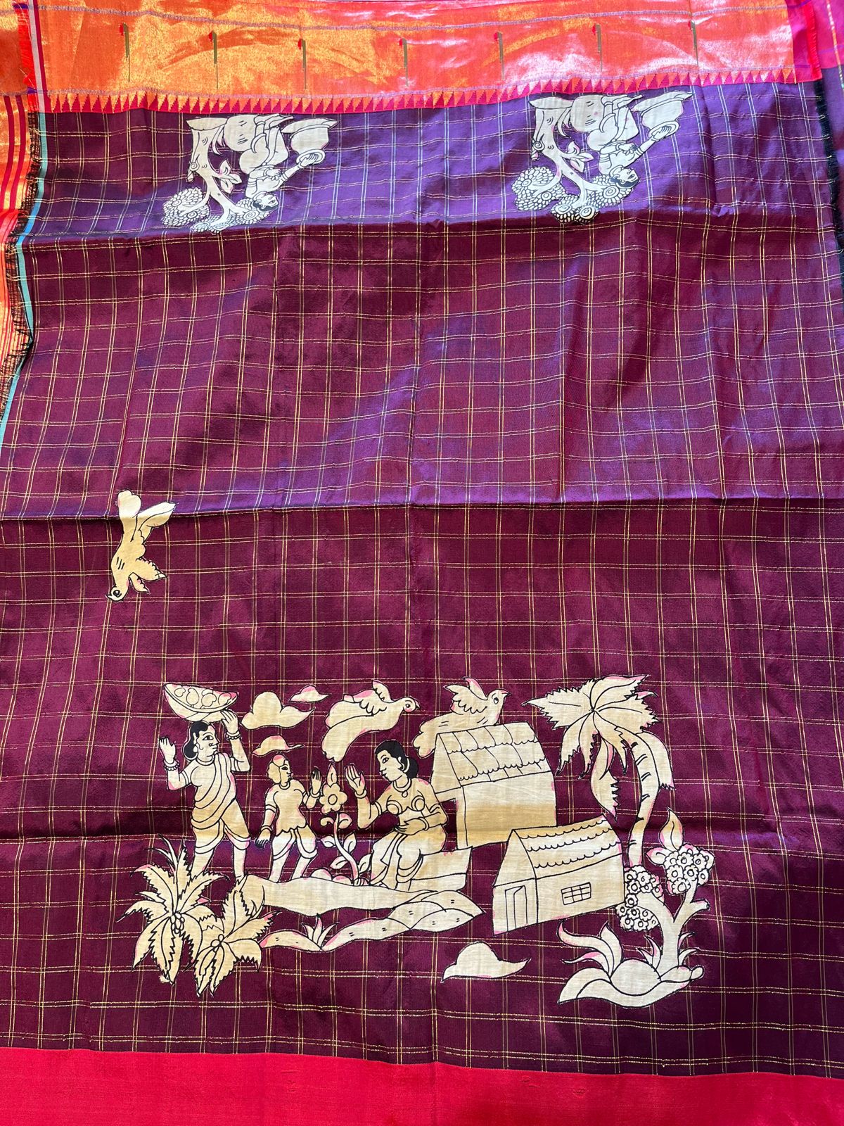 Wine Checkered Designer Exclusive Applique Work Paithani Pure Pattu