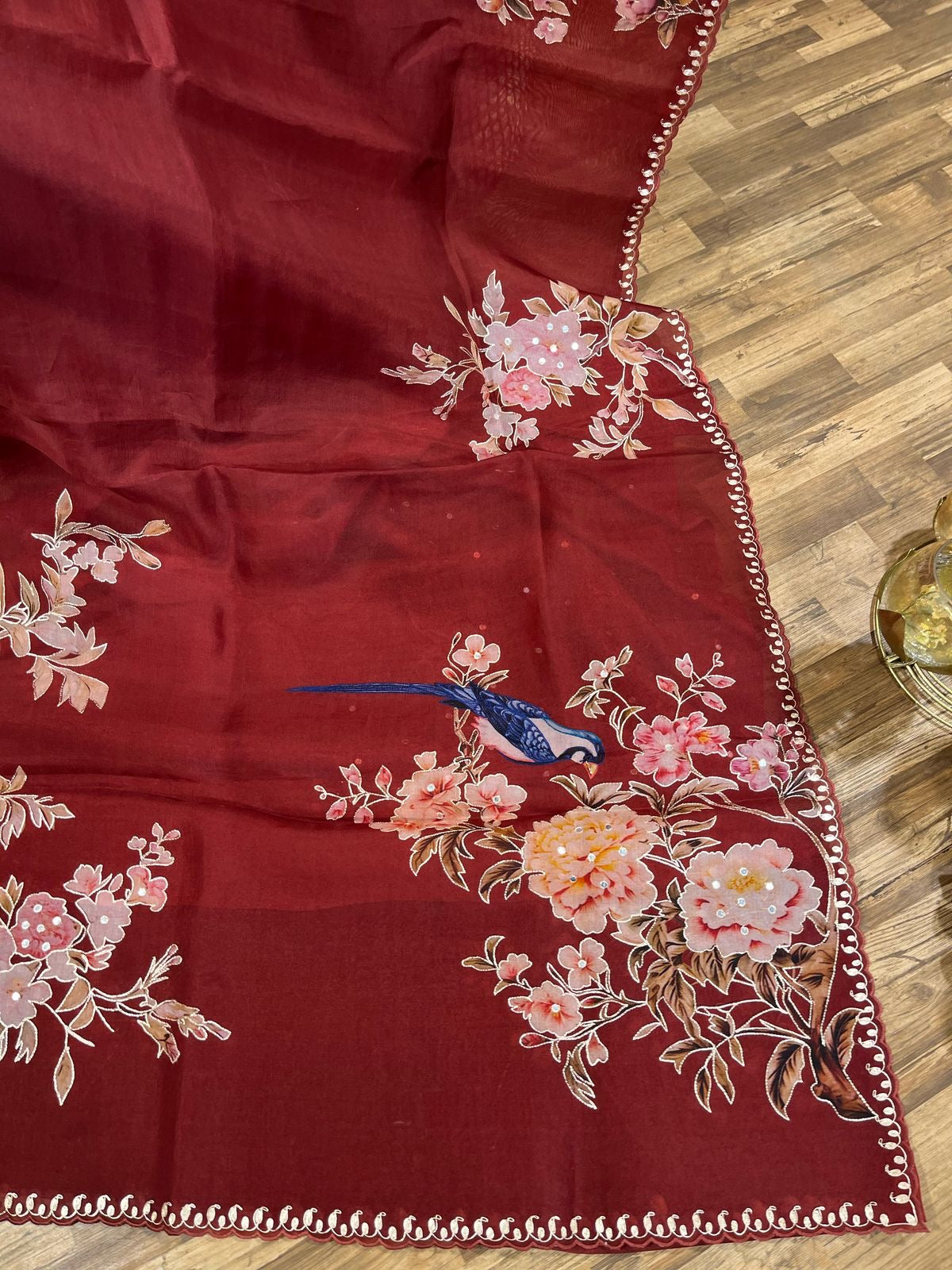 Maroon Designer Floral Print Organza