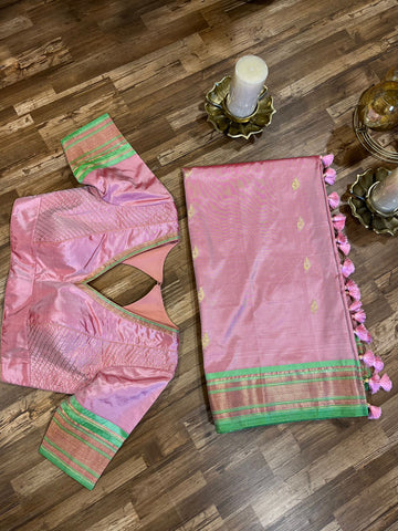 Baby Pink Maharani Pure Silk Paithani