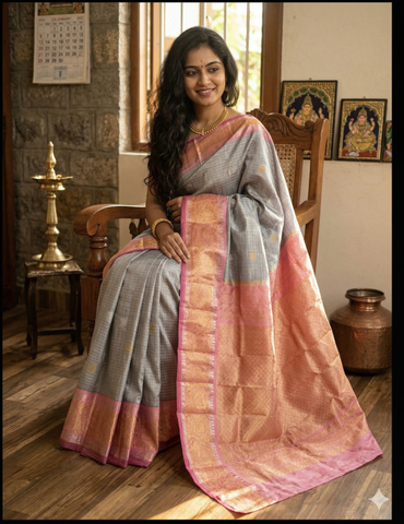 Grey Gadwal Pattu Saree | Zari Checks & Gold Brocade Pink Border