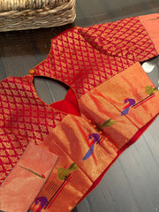 Pure Red brocade Kanchi Pattu with Paithani  fusion Blouse