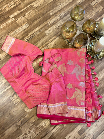 Chanderi pattu saree with ready wear pattern blouse