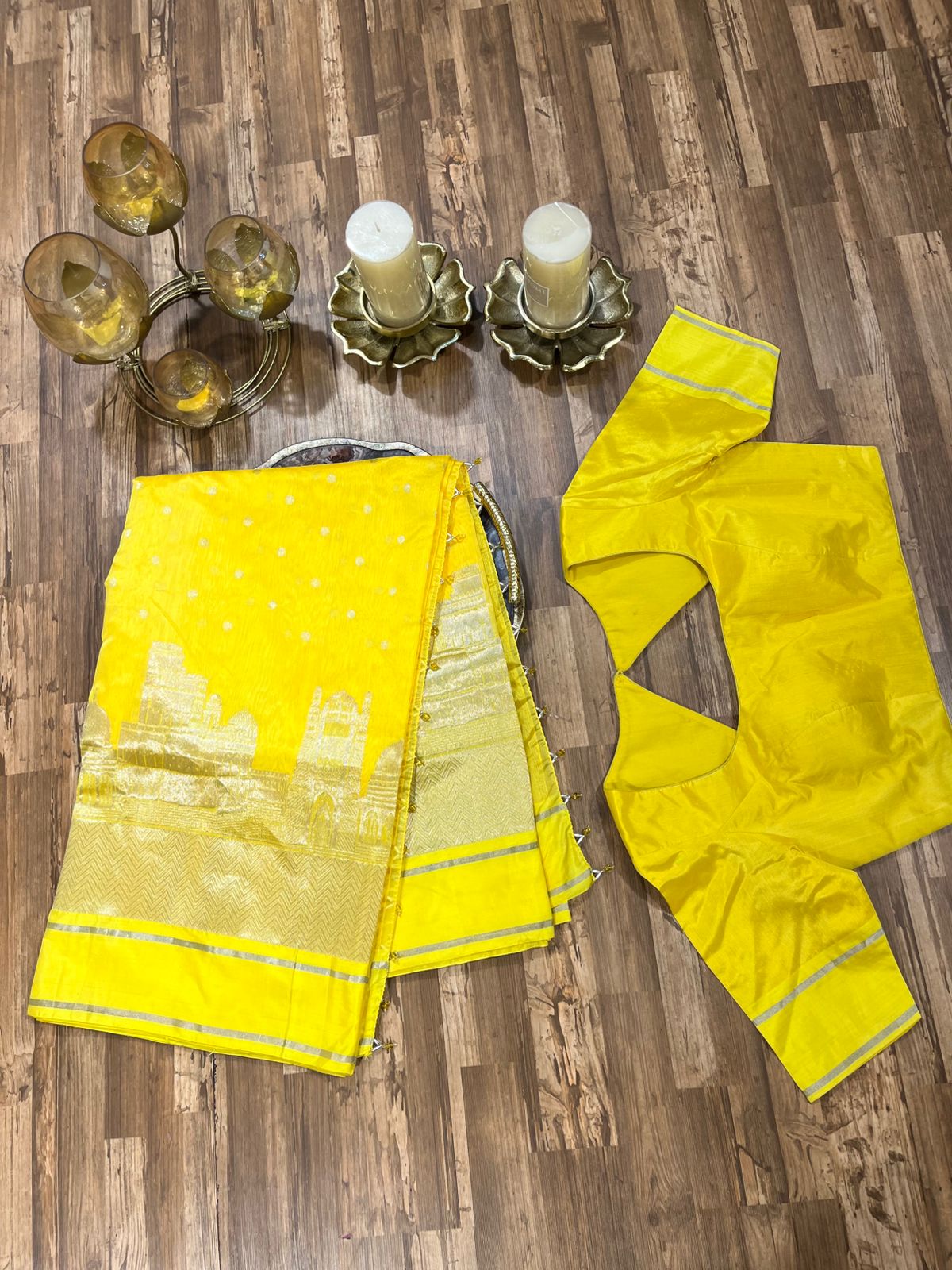 Vibrant yellow saree with butties & beautiful zari border with ready to wear blouse