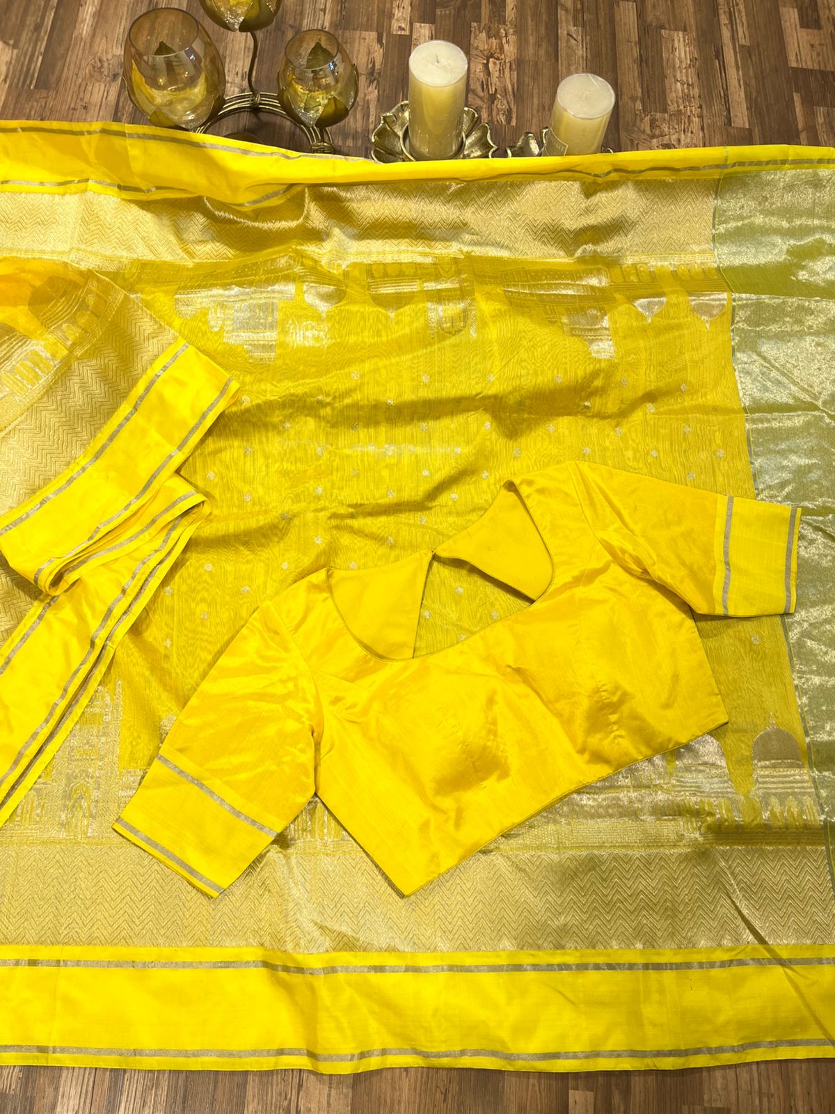 Vibrant yellow saree with butties & beautiful zari border with ready to wear blouse