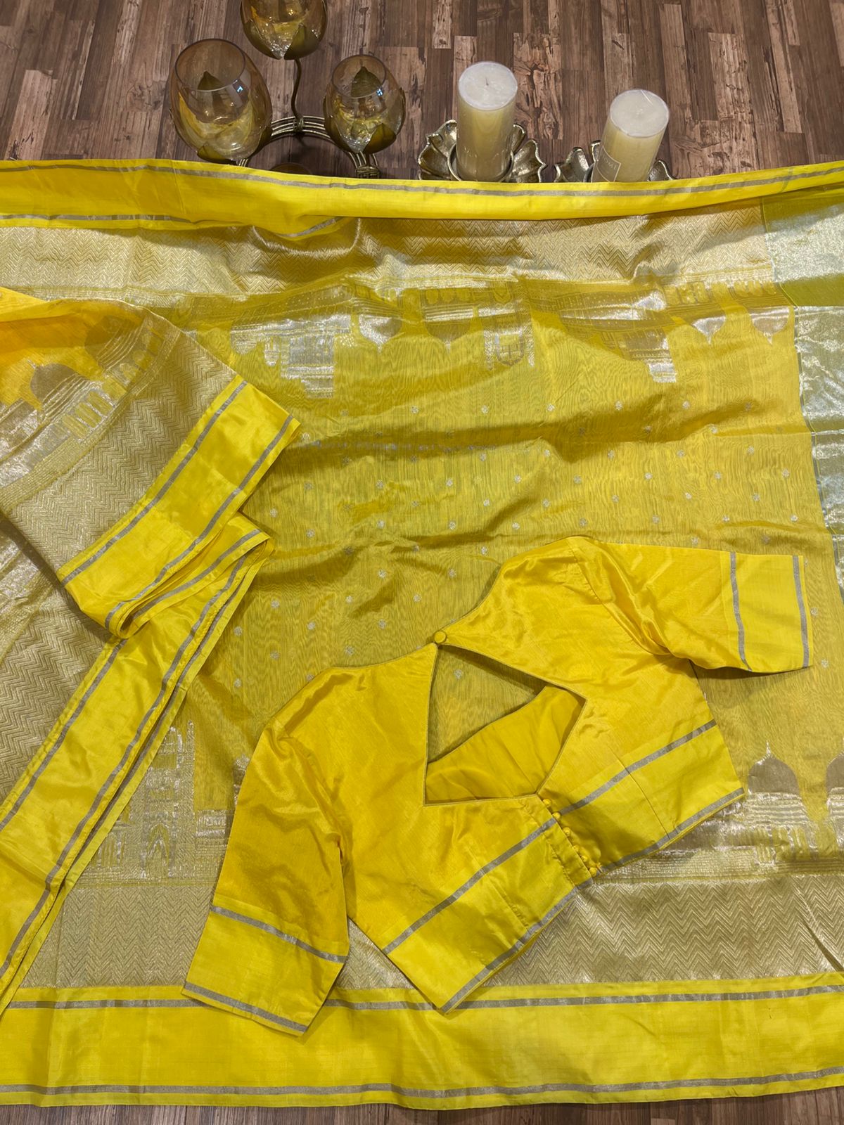 Vibrant yellow saree with butties & beautiful zari border with ready to wear blouse