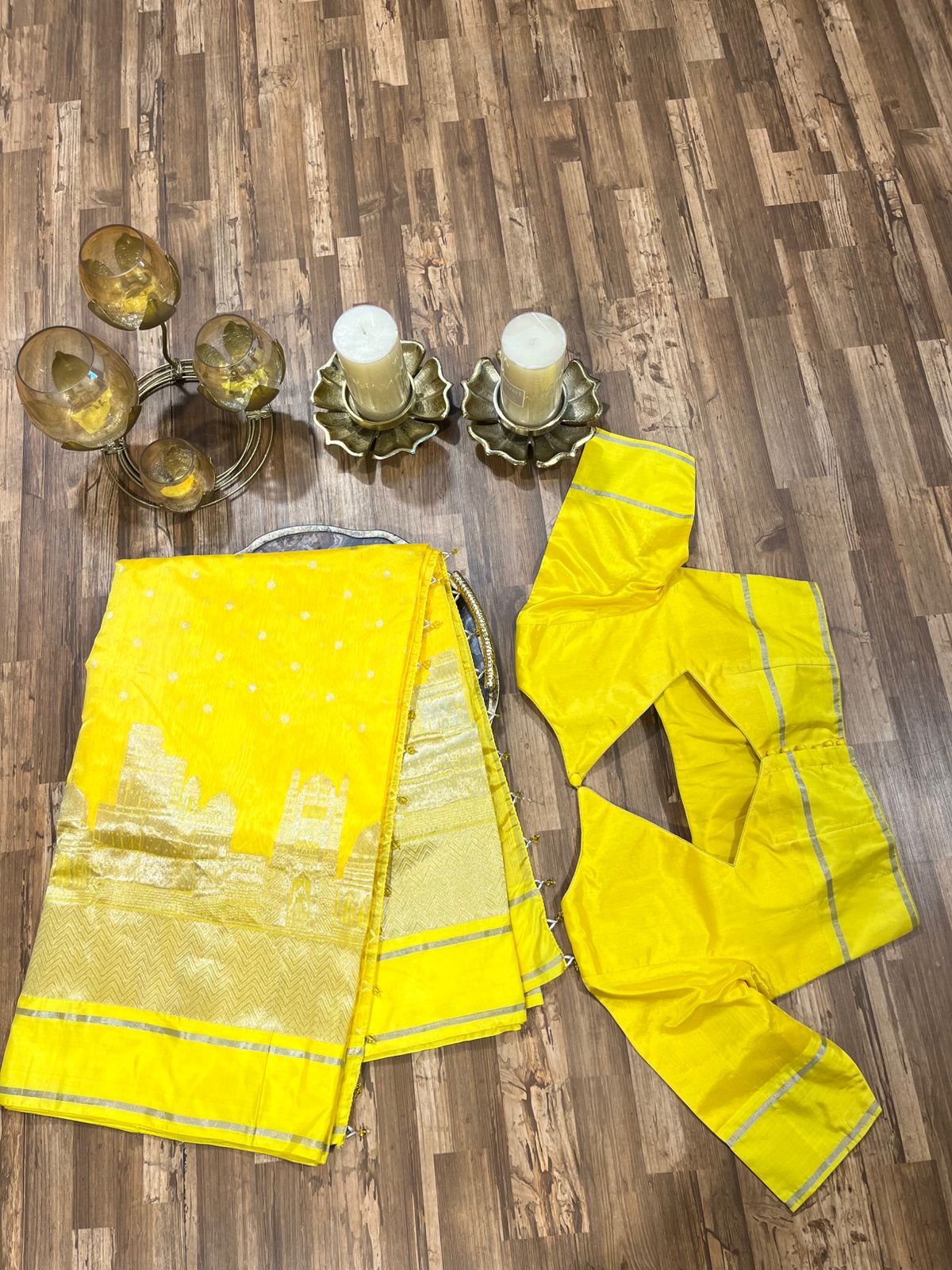 Vibrant yellow saree with butties & beautiful zari border with ready to wear blouse