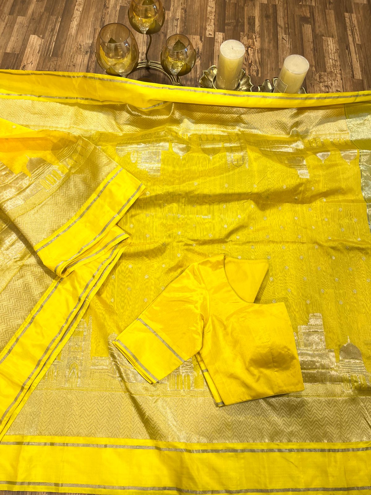 Vibrant yellow saree with butties & beautiful zari border with ready to wear blouse