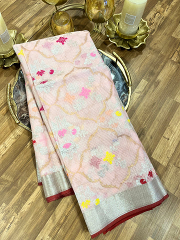 Soft Baby Pink Designer Jaal Weave Kota Pure Zari Saree with Contrast Blouse