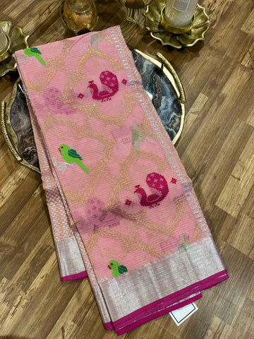 Blush Pink Zari Kota Saree with contrast blouse