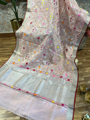 Soft Baby Pink Designer Jaal Weave Kota Pure Zari Saree with Contrast Blouse