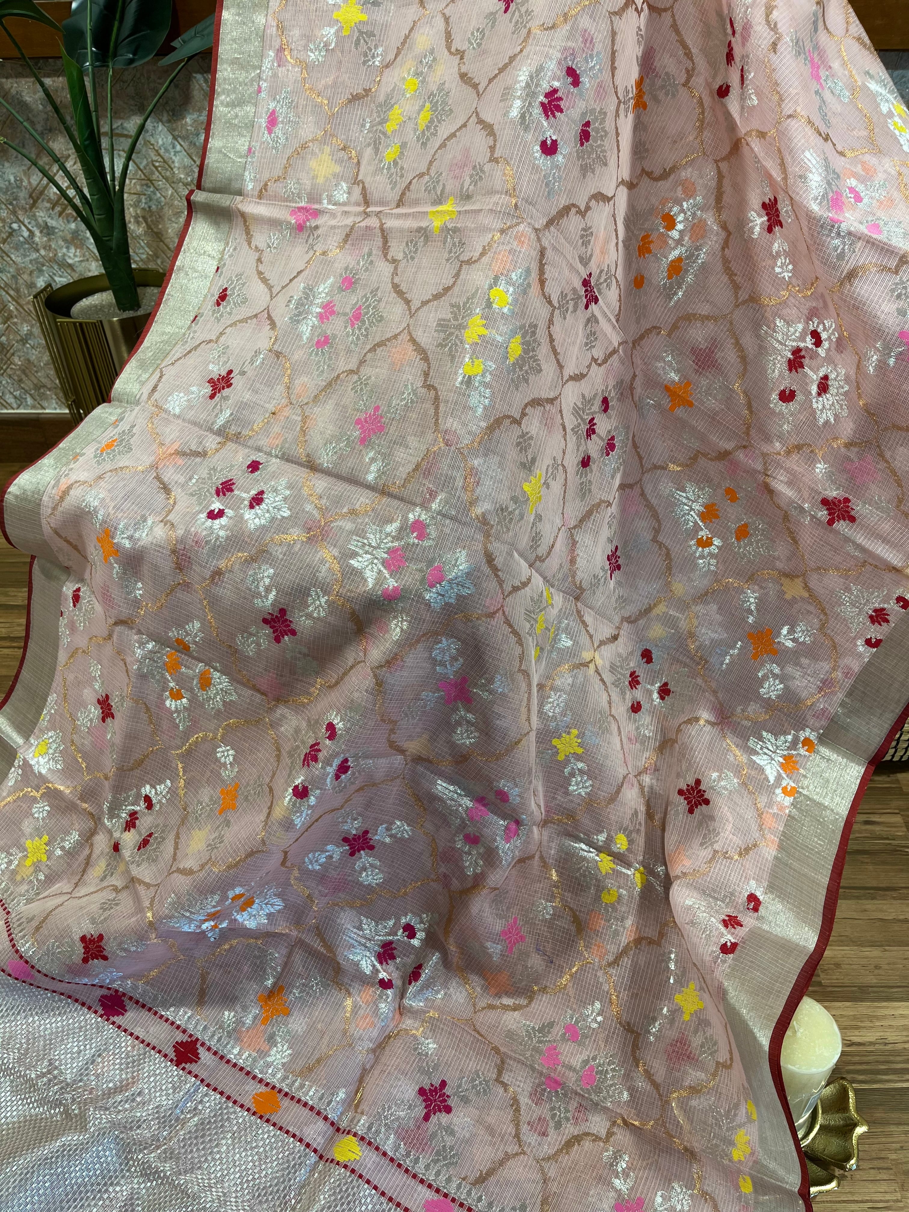 Soft Baby Pink Designer Jaal Weave Kota Pure Zari Saree with Contrast Blouse