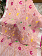 Blush Pink Zari Kota Saree with contrast blouse