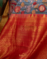 Blue and Red Pure Kanchi Handpainted Kalamkari