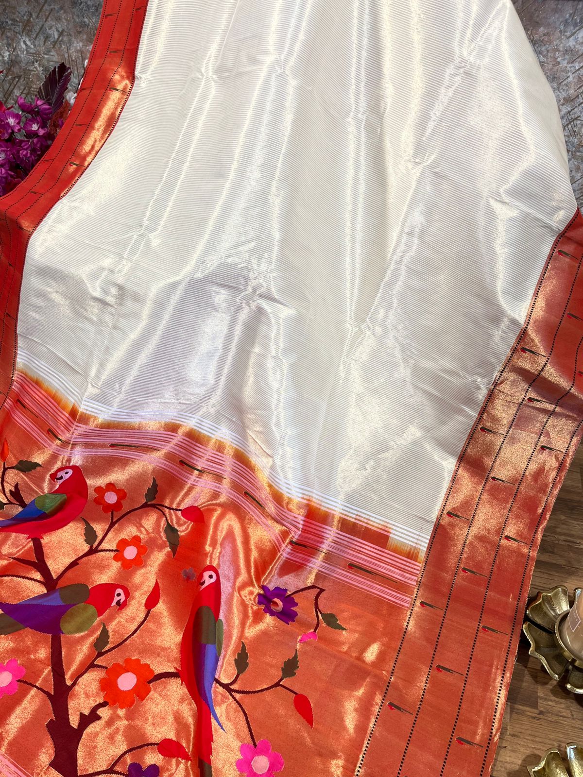 Cream Tissue Triple Muniya Paithani