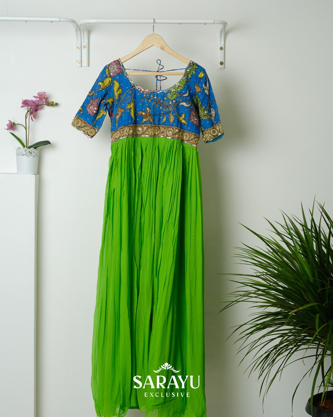 Blue and Green Combination Kalamkari Longfrock