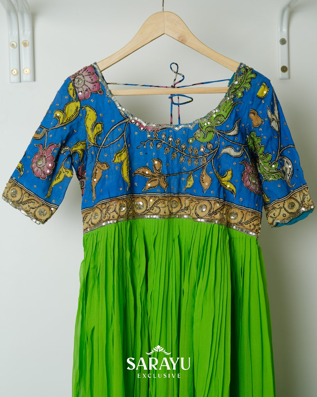 Blue and Green Combination Kalamkari Longfrock