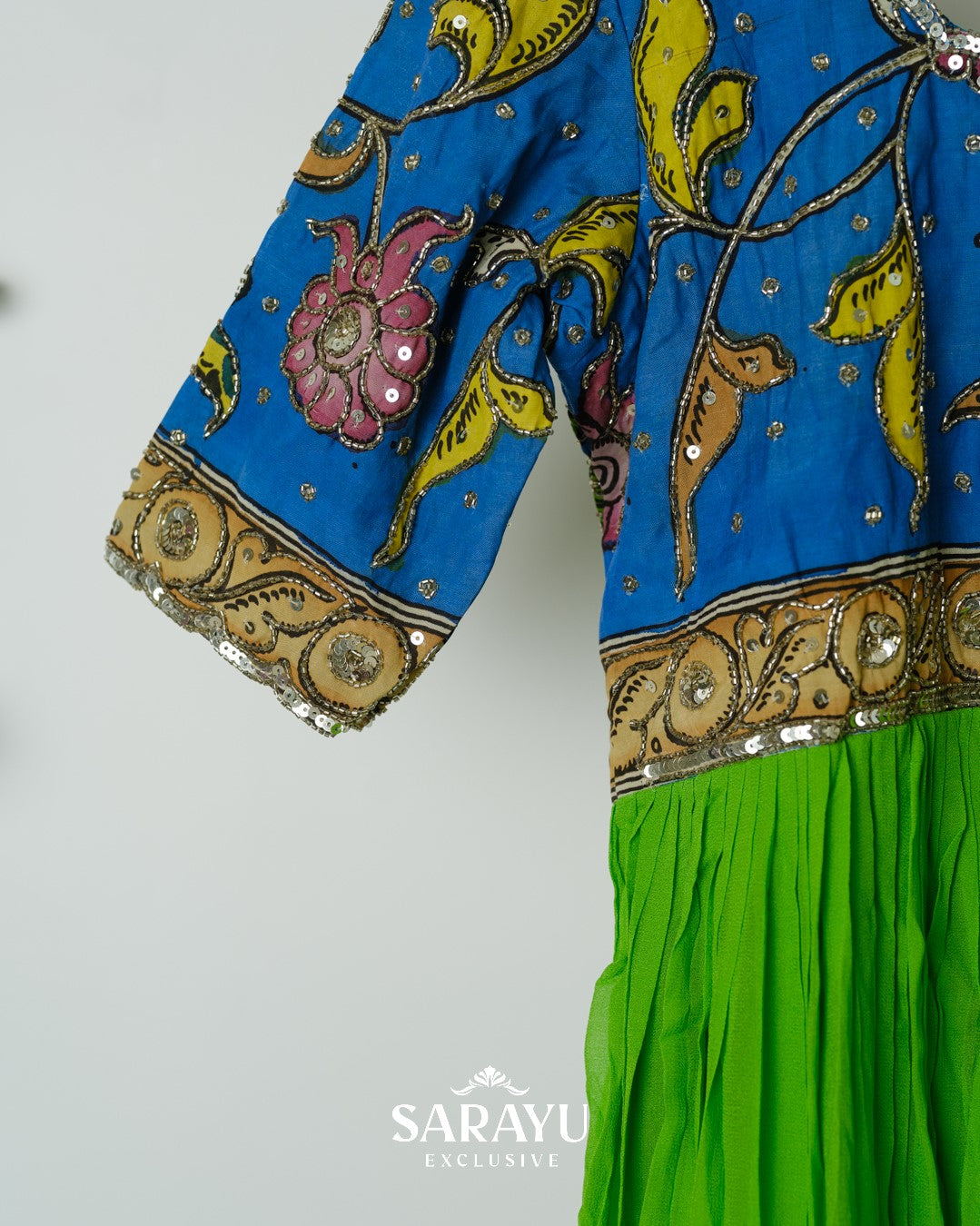 Blue and Green Combination Kalamkari Longfrock