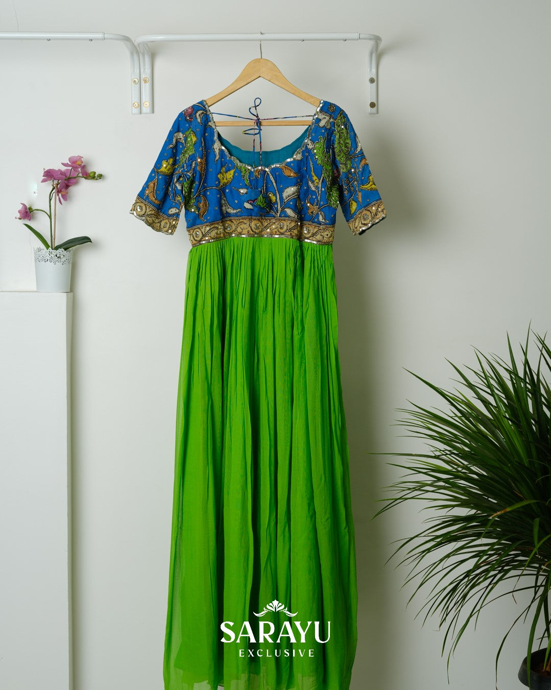Blue and Green Combination Kalamkari Longfrock