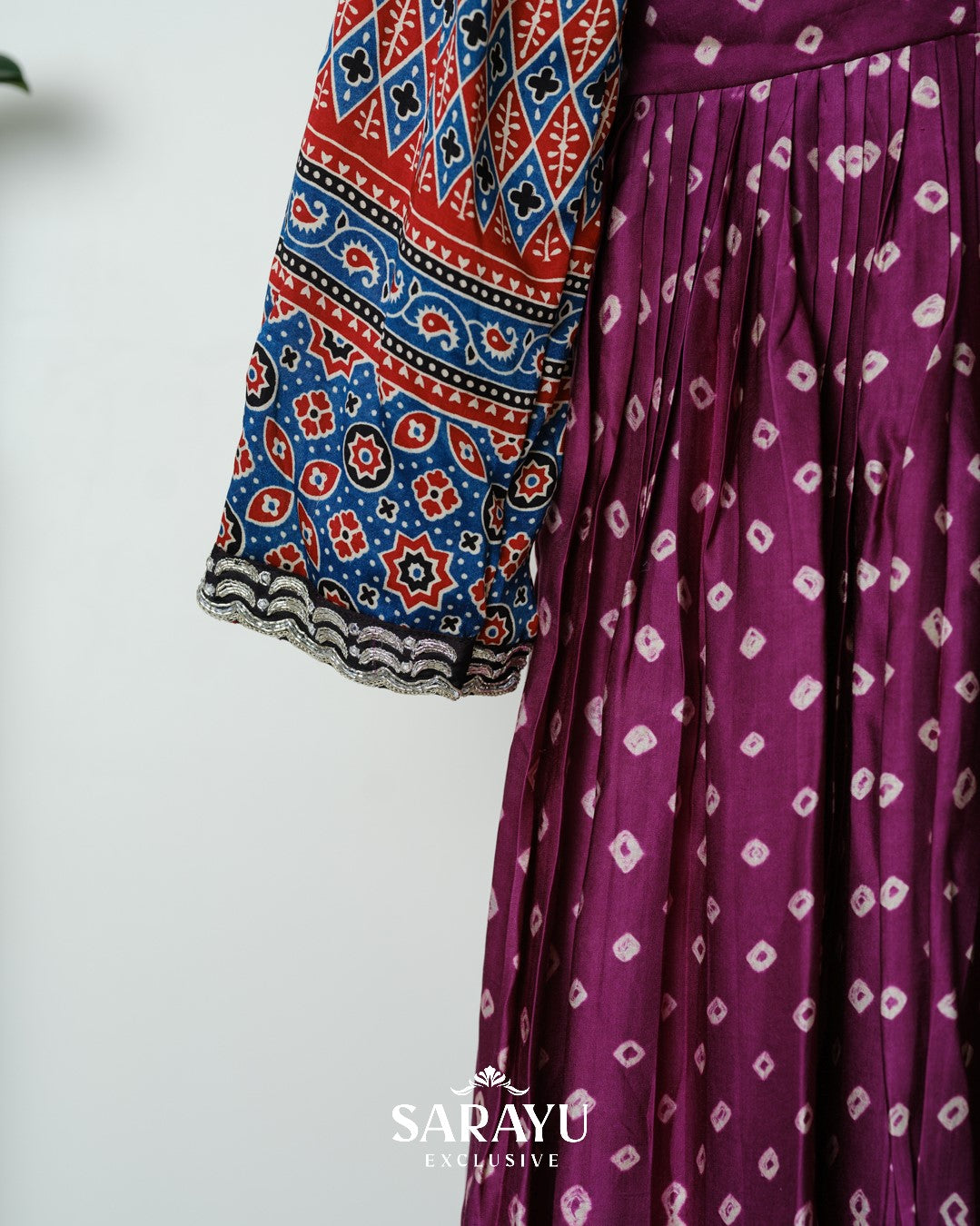 Magenta Pink Bandhini printed Pure Gaji Silk Long frock