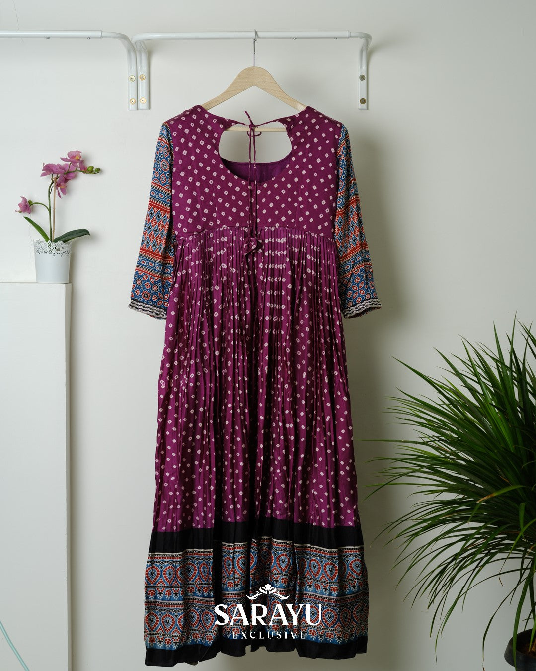 Magenta Pink Bandhini printed Pure Gaji Silk Long frock