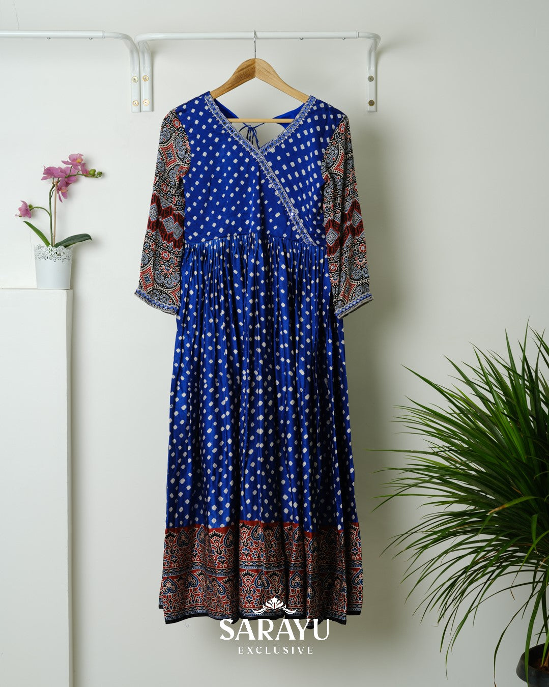 Royal Blue Bandhini printed Pure Gaji Silk Long frock