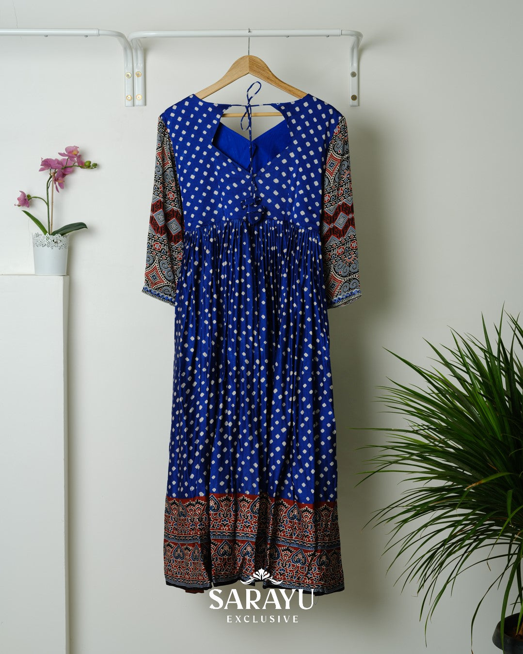 Royal Blue Bandhini printed Pure Gaji Silk Long frock