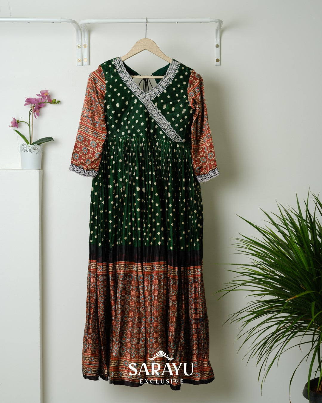 Bottle Green Bandhini printed Pure Gaji Silk Long frock