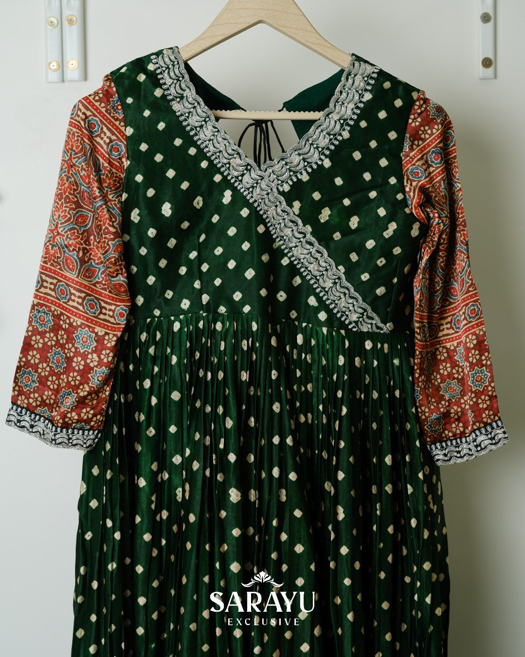 Bottle Green Bandhini printed Pure Gaji Silk Long frock