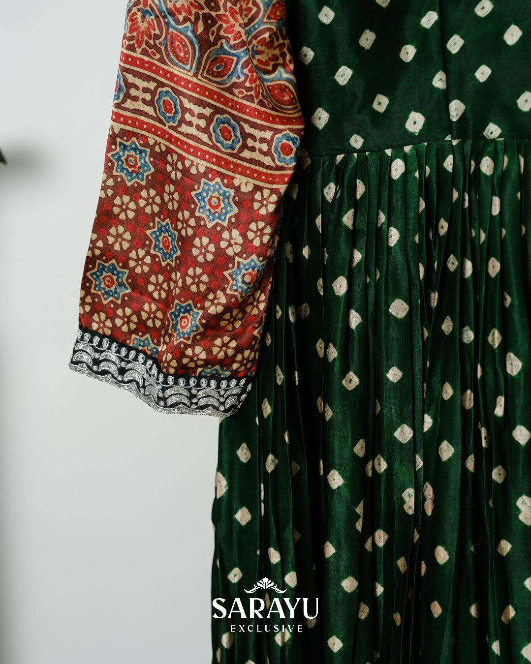 Bottle Green Bandhini printed Pure Gaji Silk Long frock