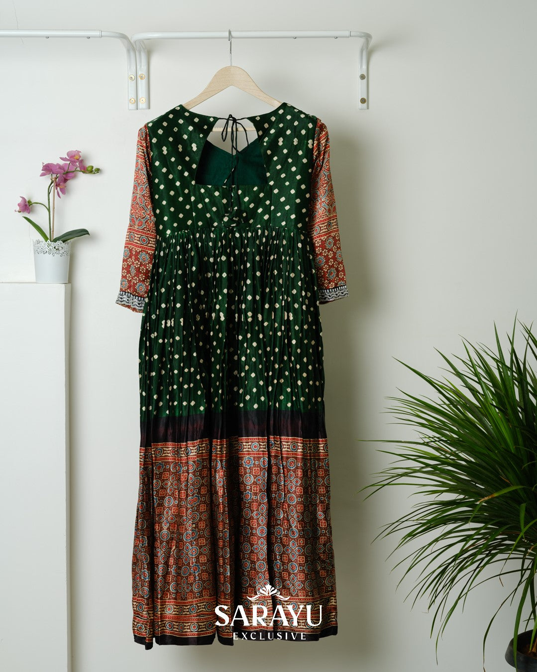 Bottle Green Bandhini printed Pure Gaji Silk Long frock